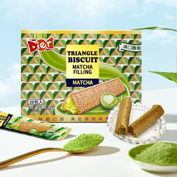 Candy Wholesale Custom Private Label Halal Snacks Crispy Biscuits Stick Matcha Flavor Filling Jam Sandwich Grain Cookies
